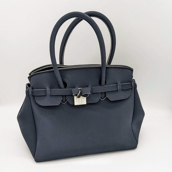 Save My Bag Handbags - Save My Bag Navy Blue Double Handle Bag Neoprene Logo Bow Detail